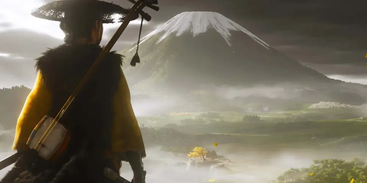 Un samurái con un shamisen a la espalda contempla un paisaje brumoso con el Monte Fuji al fondo. Podría ser una escena de Ghost of Tsushima 2.