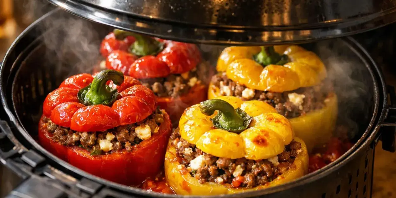 Gefüllte Paprikaschoten im Airfryer, dampfend und bereit zum Genuss. Rote und gelbe Paprika mit einer herzhaften Hackfleischfüllung.