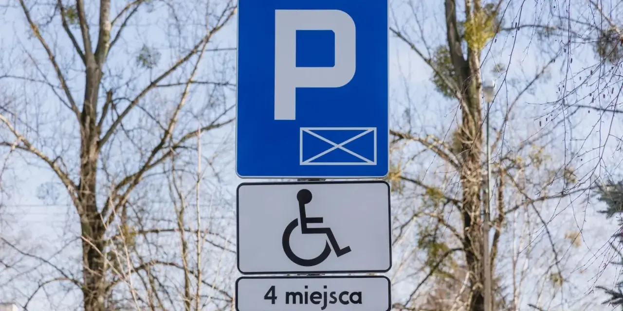 Znak informuje o parkingu dla osób z niepełnosprawnościami. Orzeczenie o niepełnosprawności można uzyskać na wiele chorób, np. schorzenia narządu ruchu.