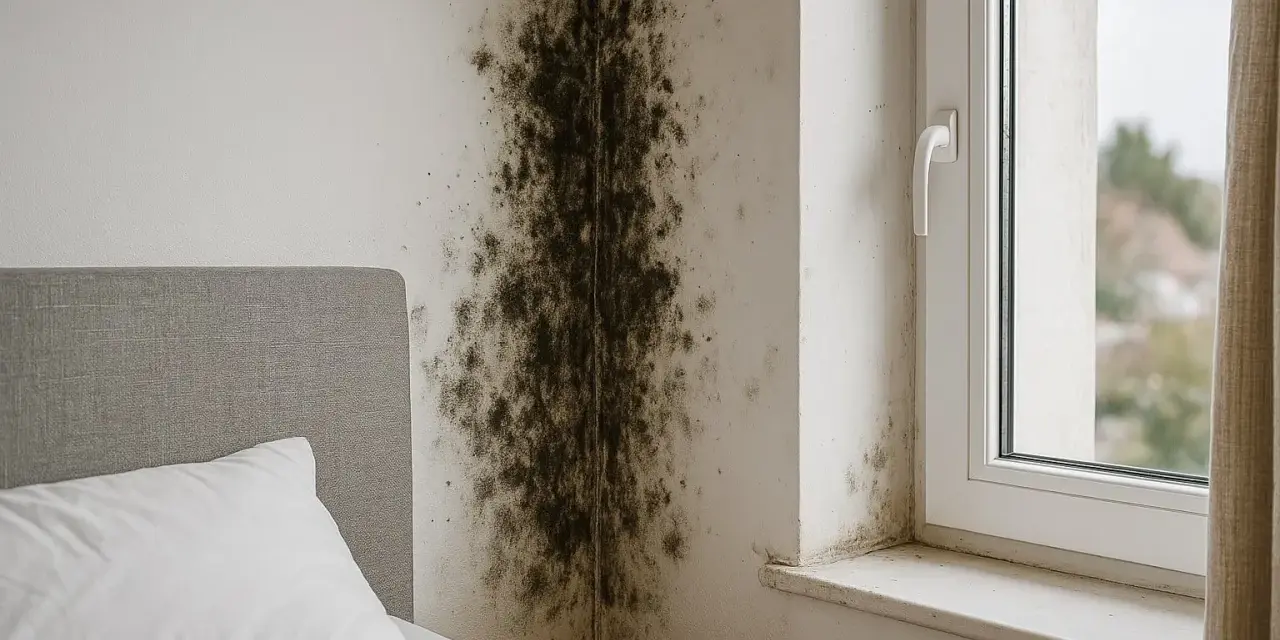 Un coin de chambre envahi par la moisissure sur le mur, près d'un lit et d'une fenêtre.