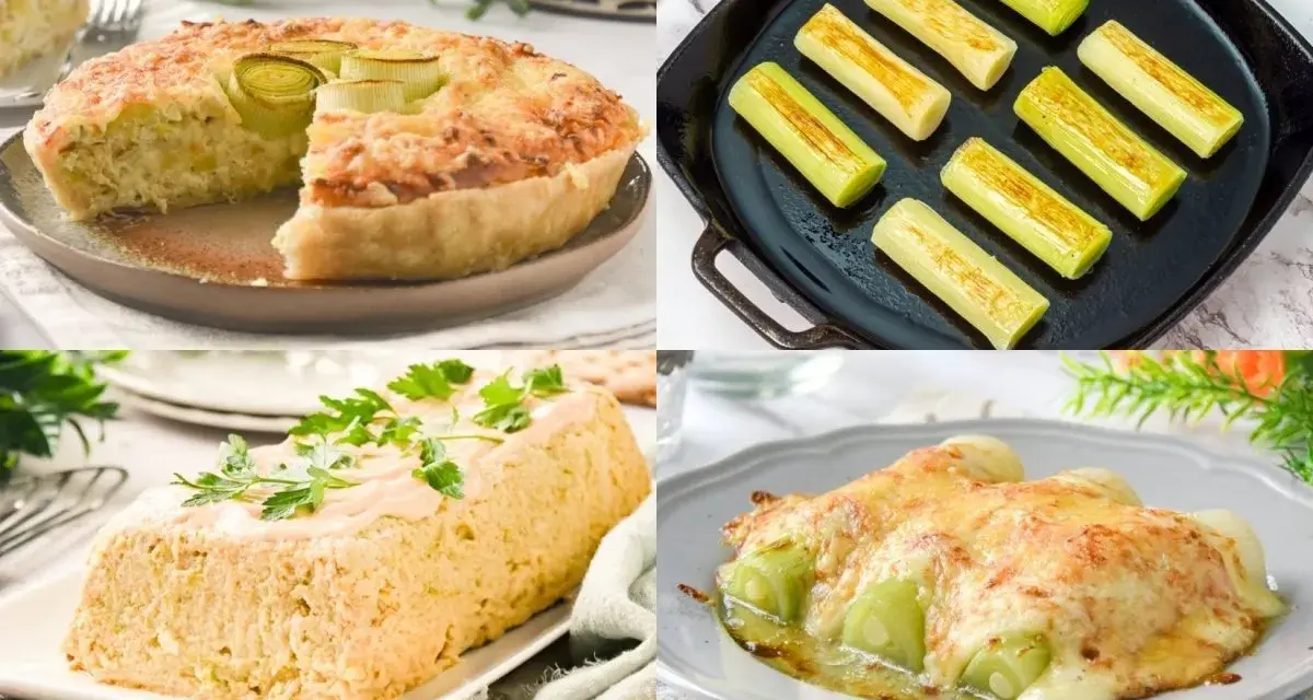 Pastel salado, puerros a la plancha, terrina y puerros gratinados. Variedad de recetas con puerros para disfrutar.
