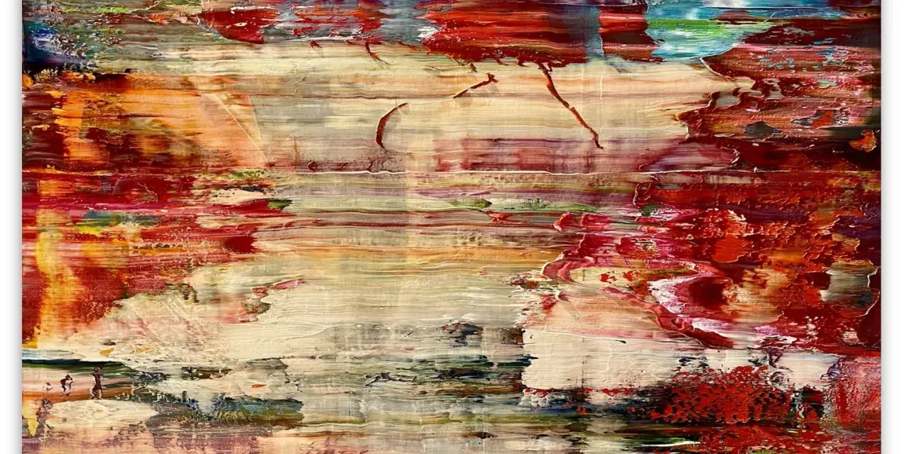 Abstraction vibrante aux tons rouges, blancs et bleus, évoquant une scène aquatique ou un paysage onirique, typique d'un peintre allemand contemporain.