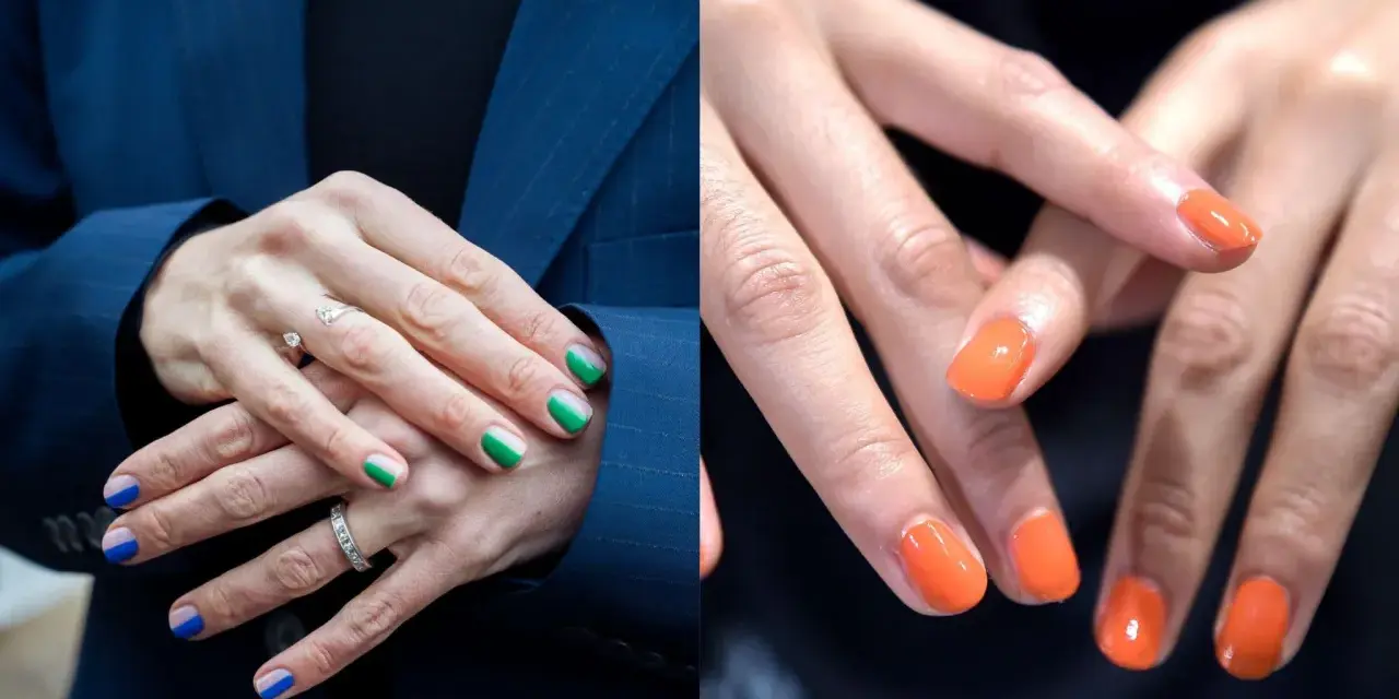 Manicure bicolore con blu e verde, e unghie arancioni vivaci: idee per il colore unghie estate.