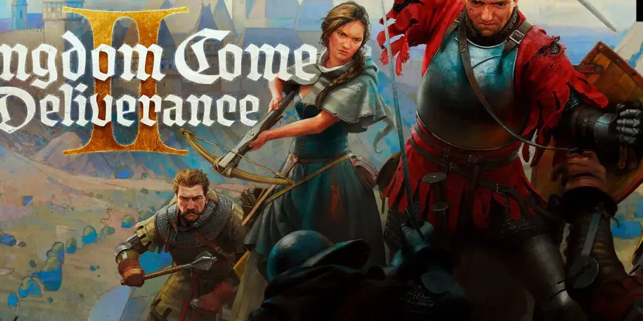 La portada de Kingdom Come Deliverance 2 muestra a guerreros en combate medieval, con un caballero de rojo en primer plano.
