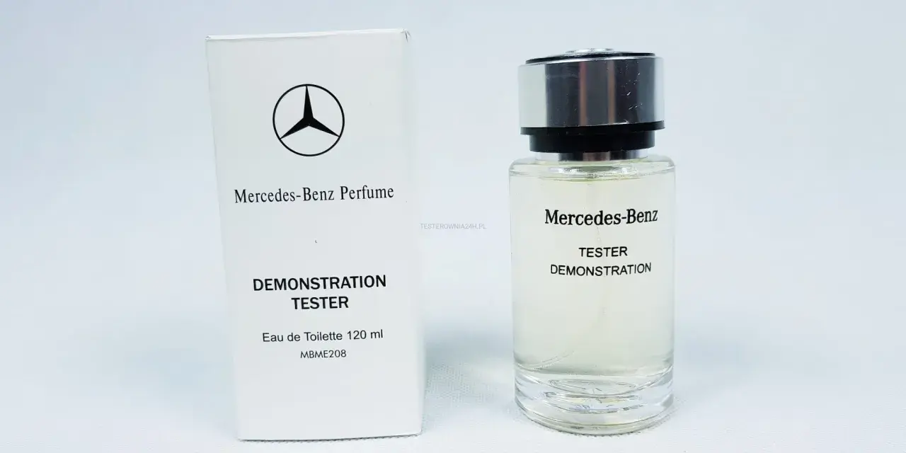 Eleganckie blase perfumy Mercedes-Benz, tester Eau de Toilette 120 ml, w białym opakowaniu i szklanym flakonie z metalową nakrętką.