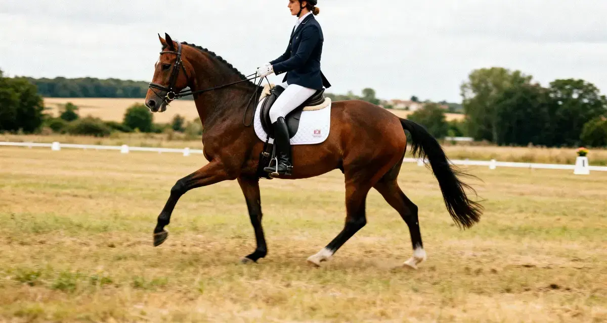 Une cavalière en tenue de compétition exécute un mouvement de dressage sur son cheval bai dans un pré.