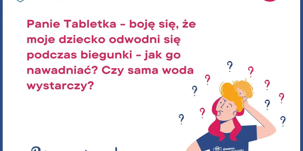 Rodzic pyta, co pić przy biegunce, by nawodnić dziecko. Czy sama woda wystarczy? Ilustracja z pytaniami i zmartwioną mamą z dzieckiem na ramieniu.