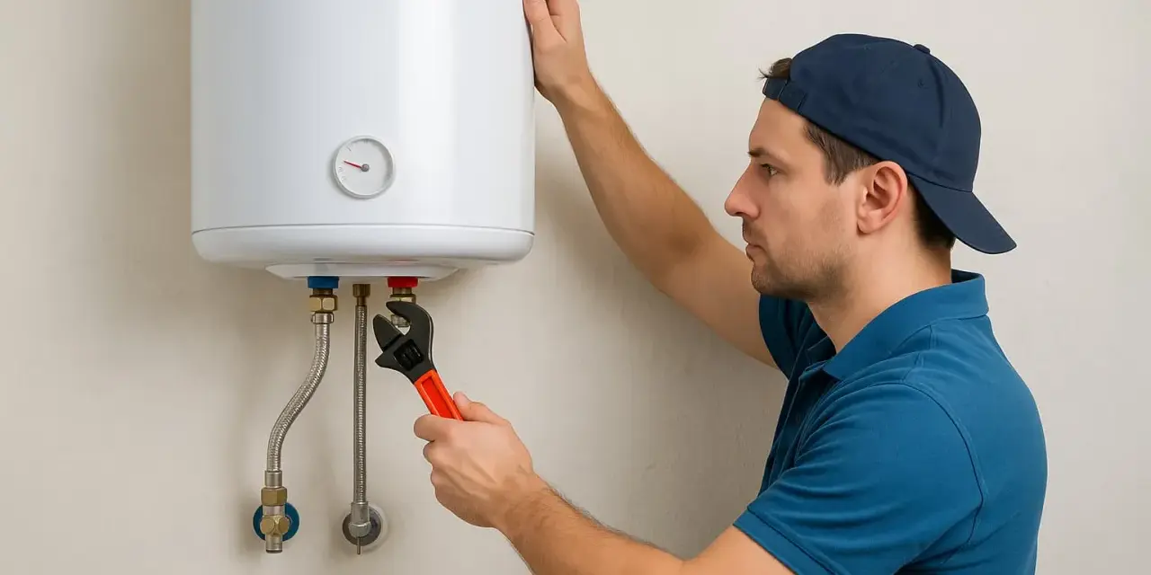 Técnico realizando la instalacion termo electrico de un calentador de agua con una llave inglesa.