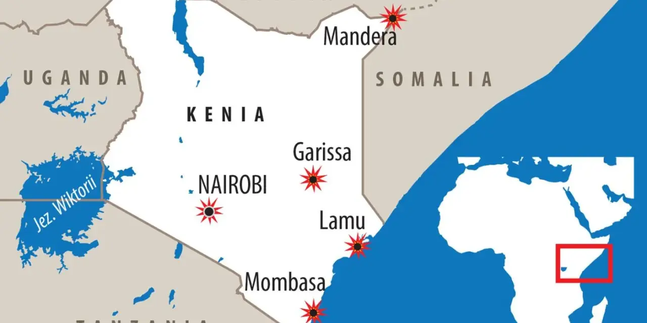Mapa Kenii z zaznaczonymi miastami: Nairobi, Mombasa, Garissa, Lamu i Mandera. Widać też Jezioro Wiktorii i fragment Tanzanii, Ugandy, Etiopii i Somalii.