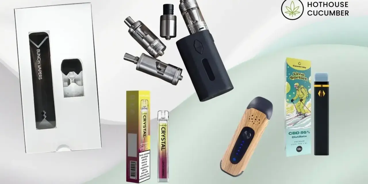 Varios cigarrillos electrónicos o vapers, incluyendo un modelo de madera y otros desechables y recargables.