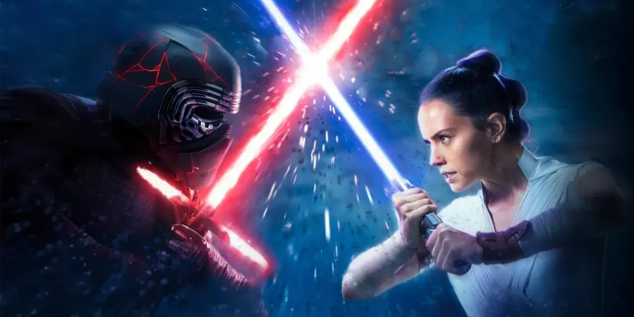 Kylo Ren i Rey, dwójka walczących ze sobą **jedi**, krzyżują miecze świetlne w epickim starciu.