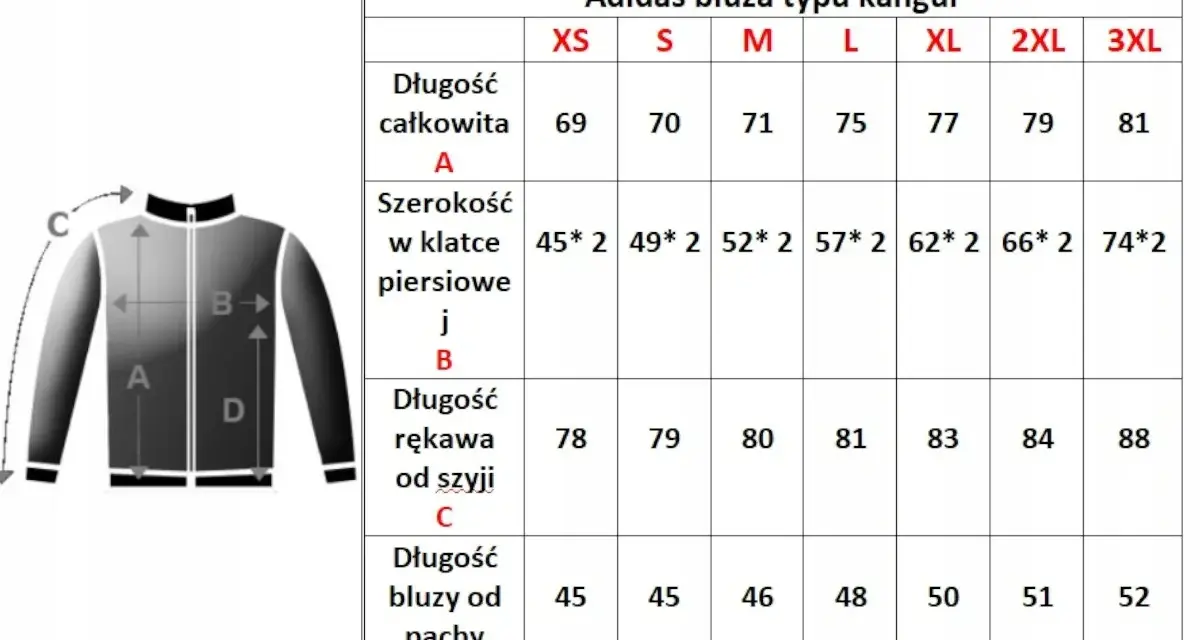 Tabela rozmiarów bluz Adidas z zaznaczonymi wymiarami A, B, C, D.