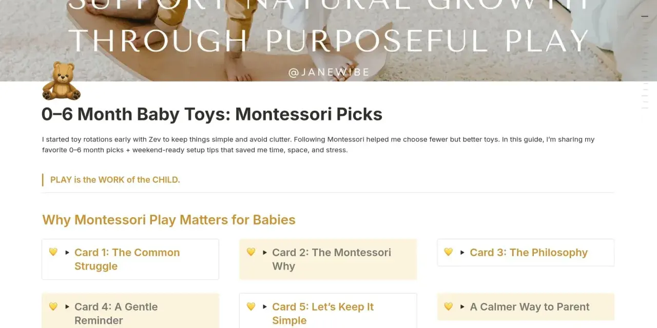 Uroczy miś obok nagłówka "0-6 Month Baby Toys: Montessori Picks". Artykuł o zabawki tiny love i rozwoju dziecka.