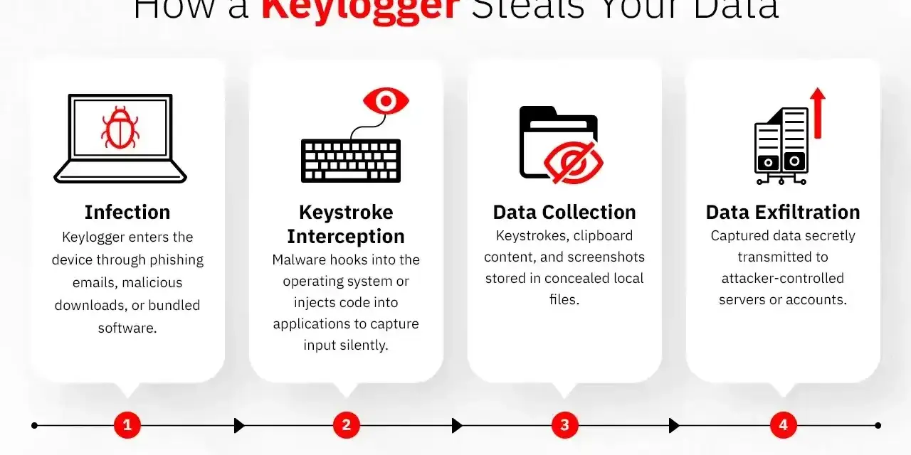 Schemat pokazuje, jak keylogger infekuje urządzenie, przechwytuje naciśnięcia klawiszy, zbiera dane i je wysyła.