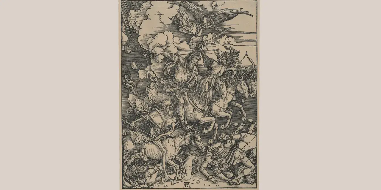 Albrecht Dürer: Czterej Jeźdźcy Apokalipsy. Groza i chaos na drewnie, gdy jeźdźcy niosą zagładę, a anioł zsyła gniew.