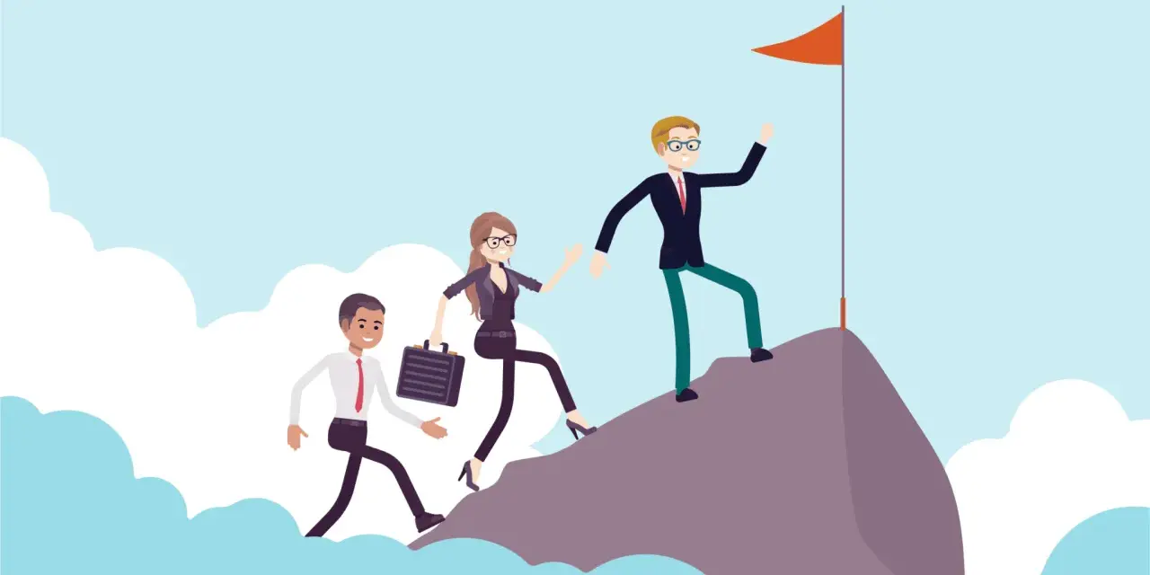 Teamwork in nonprofit management: a leader helps colleagues ascend a mountain to reach a flag, symbolizing shared goals and success.