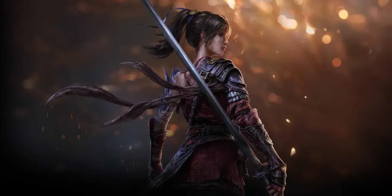 Una guerrera con armadura y espada, lista para la acción en Lies of P.
