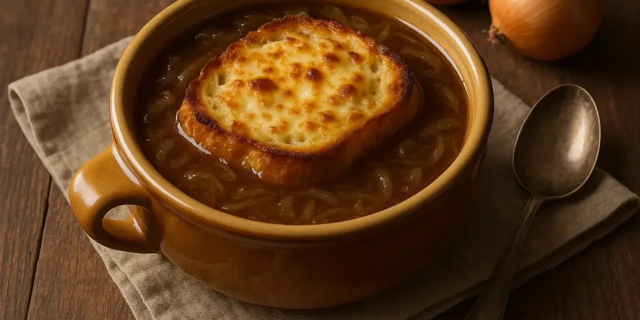 Zuppa di cipolle, la ricetta della nonna: un classico confortante con crostone di pane gratinato.