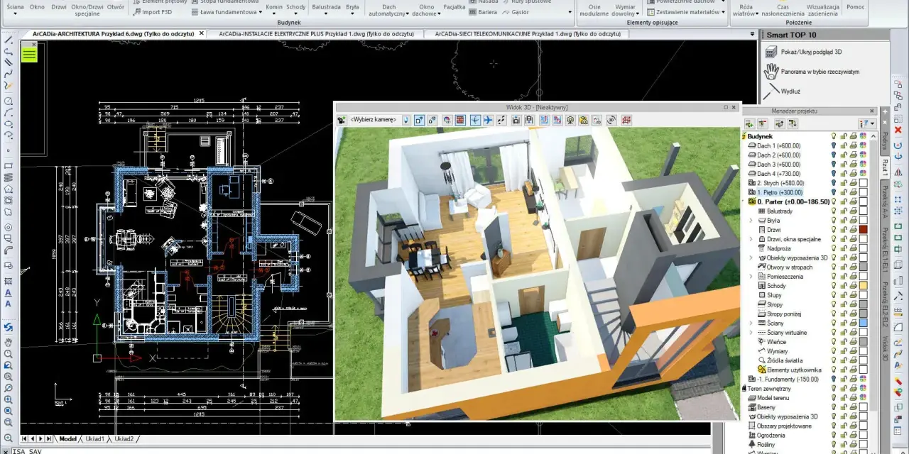 Program dla architektów: widok planu parteru i wizualizacja 3D domu, z panelem projektu po prawej.