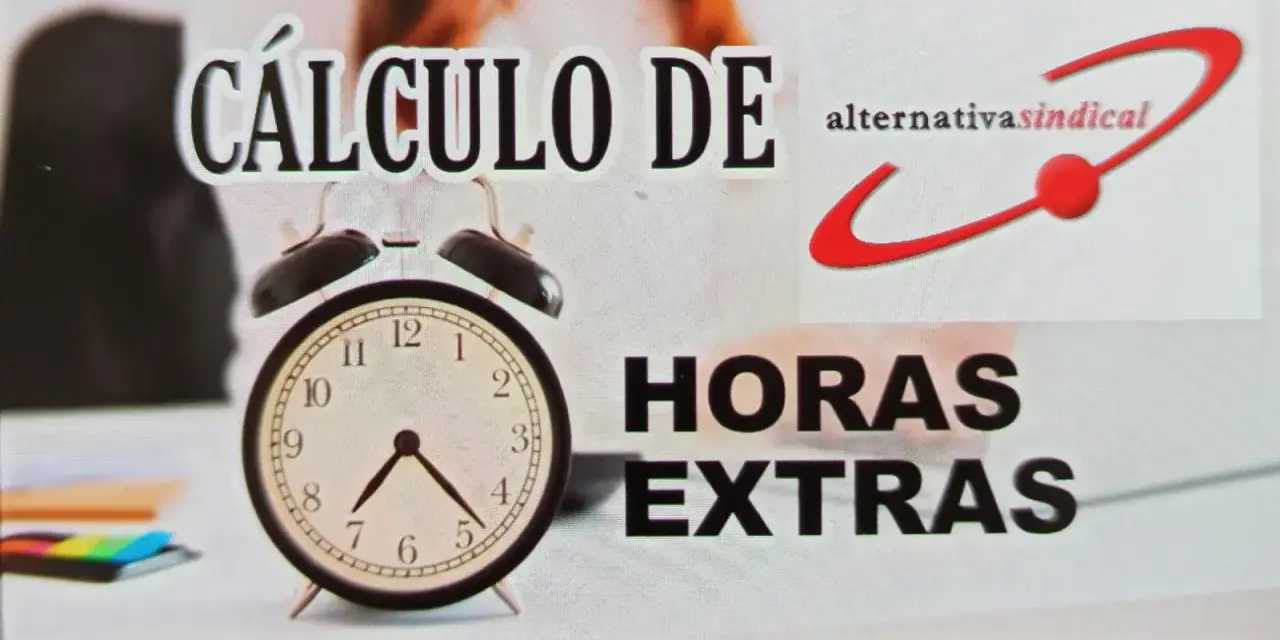 Cálculo de horas extras con reloj y logo de "alternativasindical".