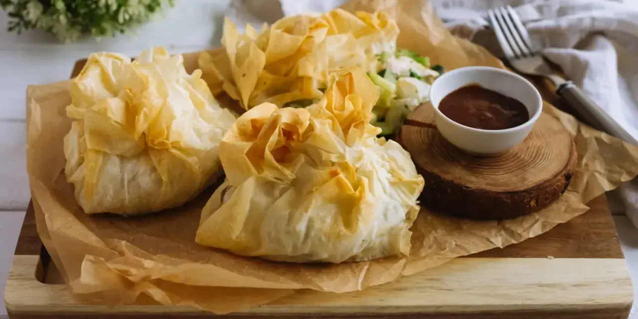 Délicieux feuilletés de pâte filo, parfaits pour une recette facile et rapide. Accompagnés d'une sauce savoureuse.