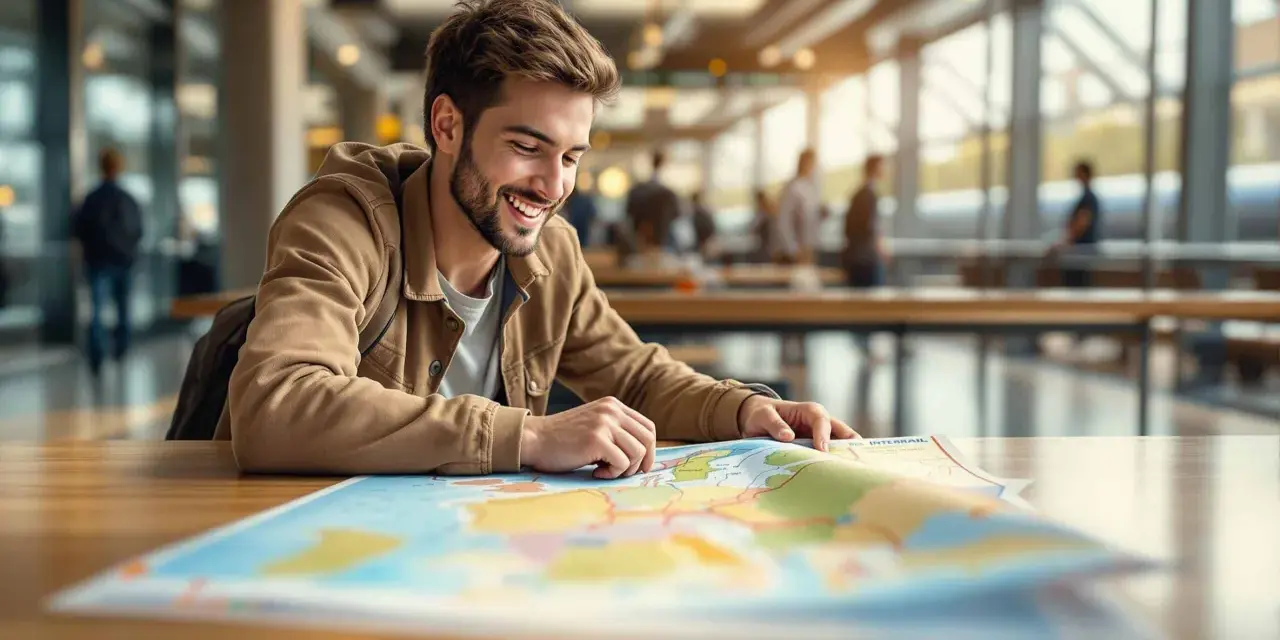 Glad ung man planerar sin interrail europa-resa med karta.