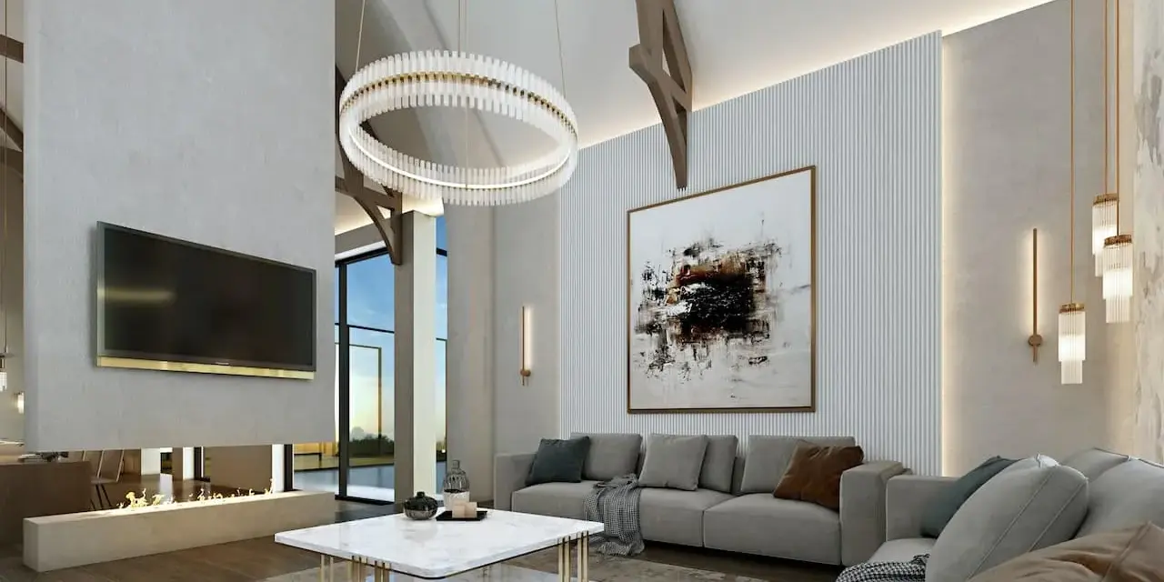 Modern living room with a fireplace, large TV, and abstract art. This space embodies smart home living with seamless iot automation.