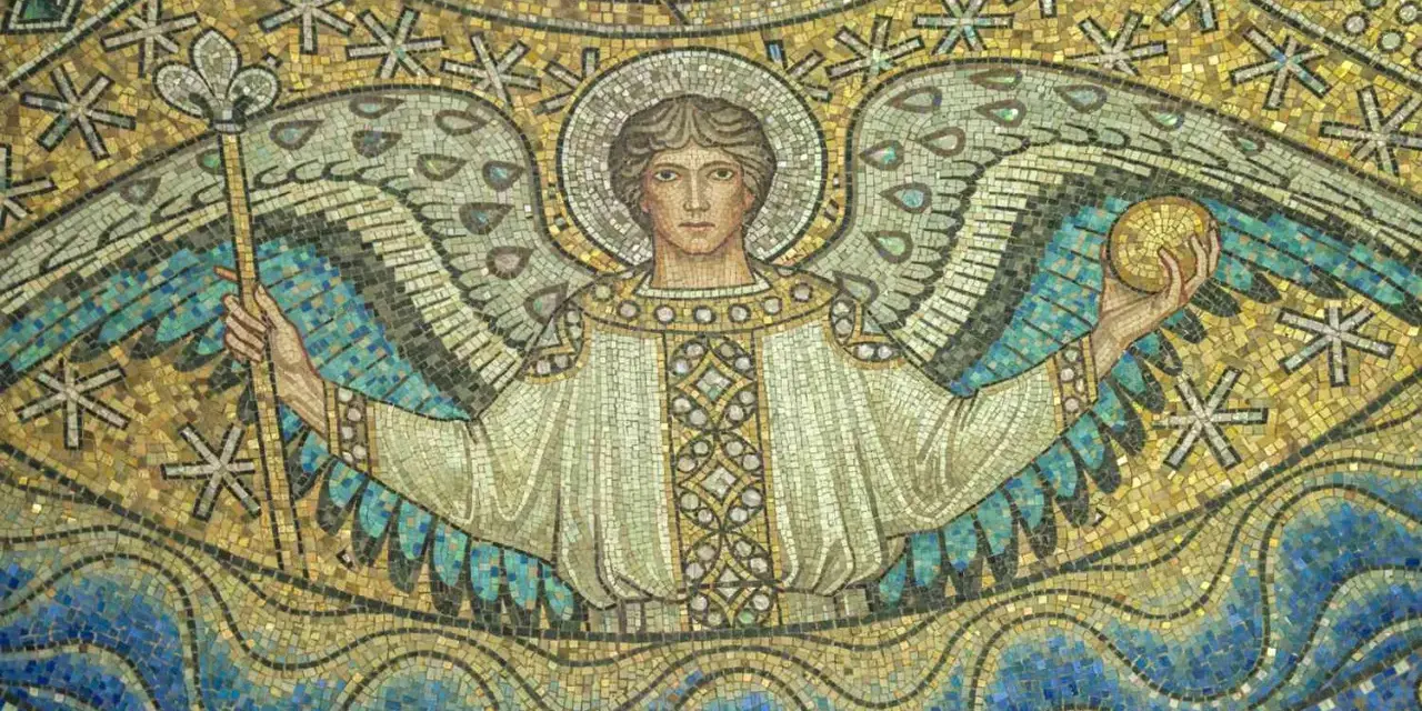 Mozaika przedstawiająca Archanioła Rafała z laską i kulą, na tle fal i gwiazd.