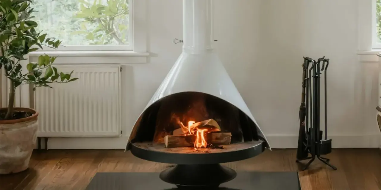 Chimenea moderna con fuego encendido, rodeada de elementos decorativos y un juego de herramientas. Un ejemplo de estufas seguras para tu hogar.
