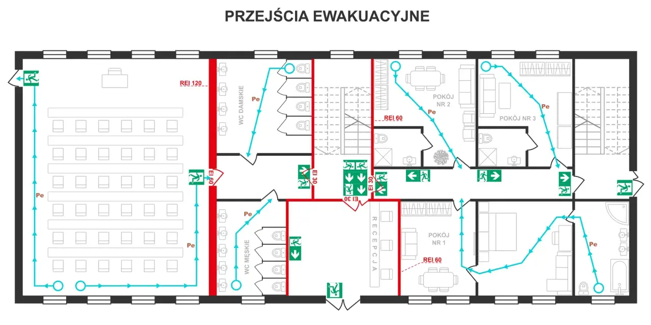 Plan ewakuacyjny z zaznaczonymi drogami, które prowadzą do wyjście ewakuacyjne.