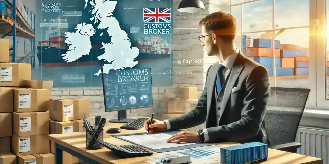 Mężczyzna w garniturze pracuje nad dokumentami, planując odprawy celne UK. Na ekranie mapa Wielkiej Brytanii i symbole transportu.