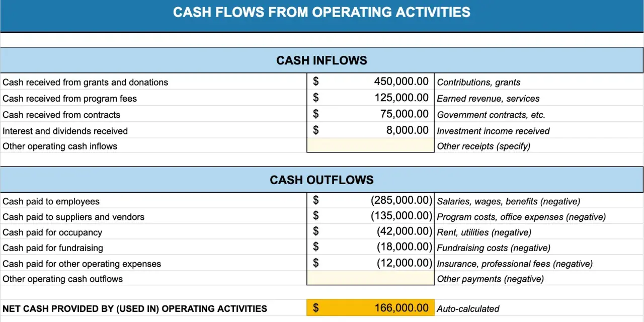 Nonprofit financial planning: A cash flow statement showing inflows from grants, fees, and contracts, and outflows for salaries, rent, and fundraising.