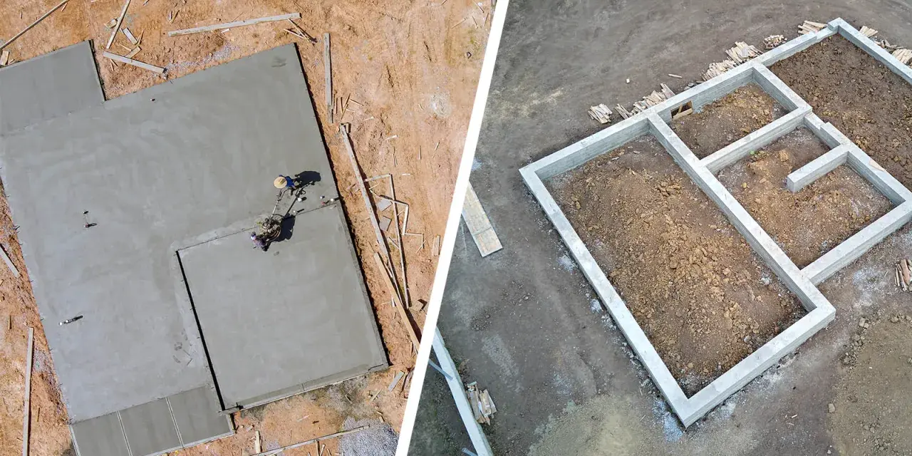 Dwa etapy budowy: wylewana płyta fundamentowa i gotowy fundament z betonu.