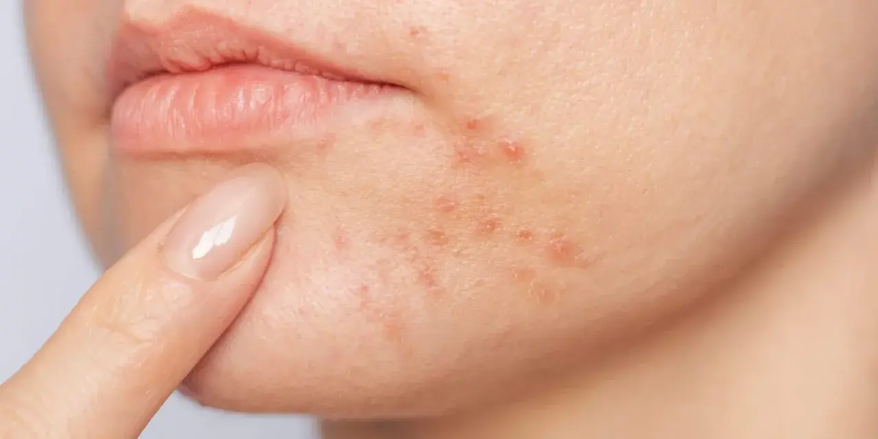 Primer plano de una persona señalando granitos alrededor de la boca, indicando la necesidad de un dermatitis perioral tratamiento.