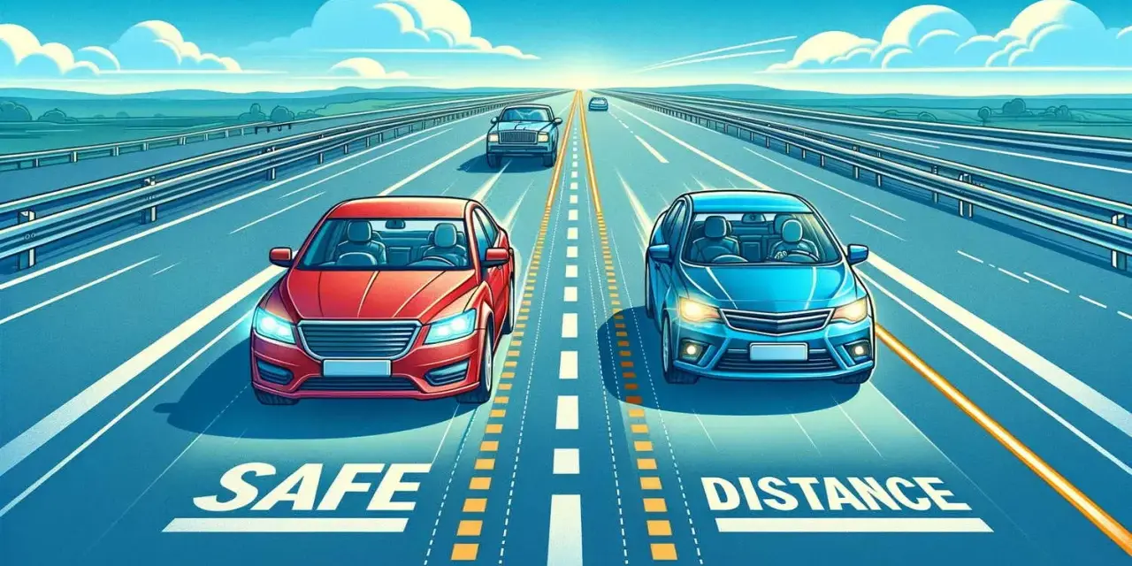 Due auto, rossa e blu, su un'autostrada. La distanza di sicurezza deve essere maggiore se si percorre la corsia d'emergenza.