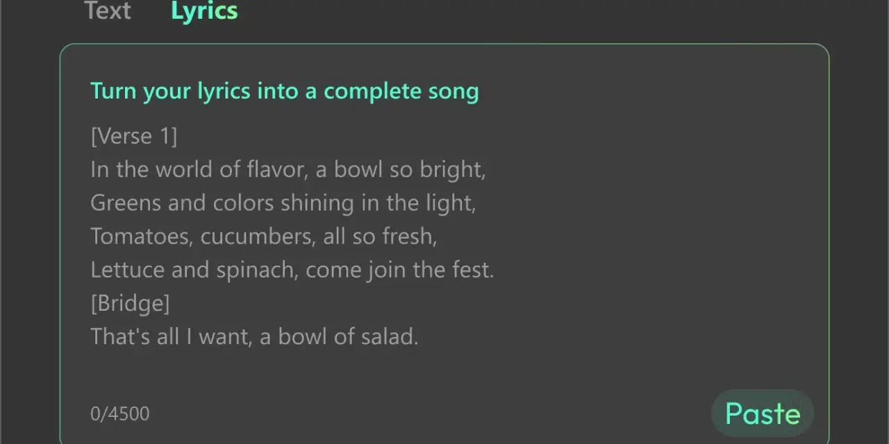 KI-Text-to-Song: Ein Song über einen bunten Salat, der aus Textzeilen entsteht.