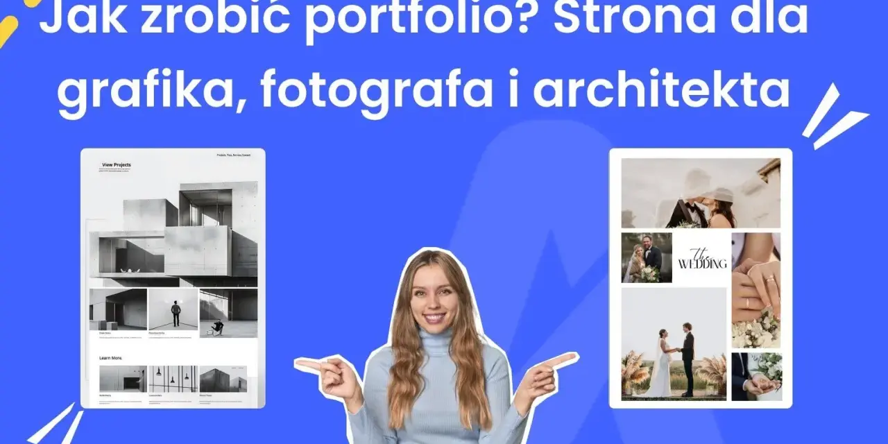 Kobieta prezentuje portfolio dla grafika, fotografa i architekta. Pokazuje przykłady projektów architektonicznych i ślubnych.