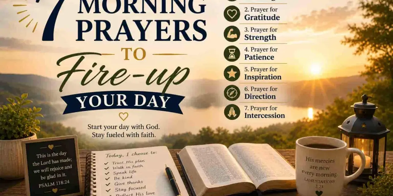 7 Morning Prayers to Fire-up Your Day: Blessings, Gratitude, Strength, Patience, Inspiration, Direction, and Intercession. Start your day with God.