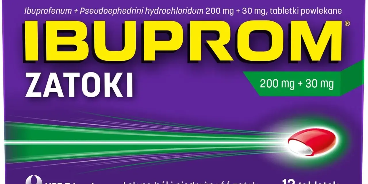Opakowanie leku Ibuprom Zatoki, który jest dobrym lekiem na zatoki, zawiera 12 tabletek powlekanych.