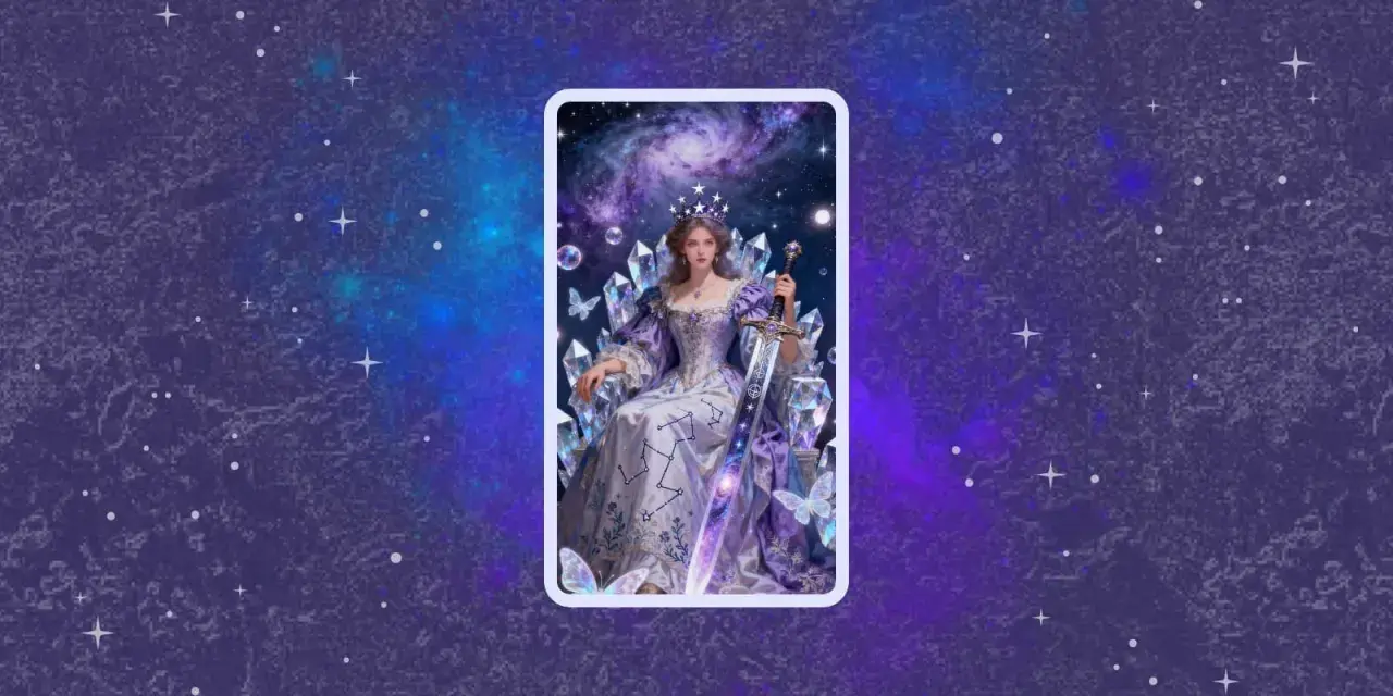 Reina de espadas tarot amor: una mujer con corona y vestido púrpura, sentada con una espada, rodeada de cristales y mariposas, bajo un cielo estrellado.