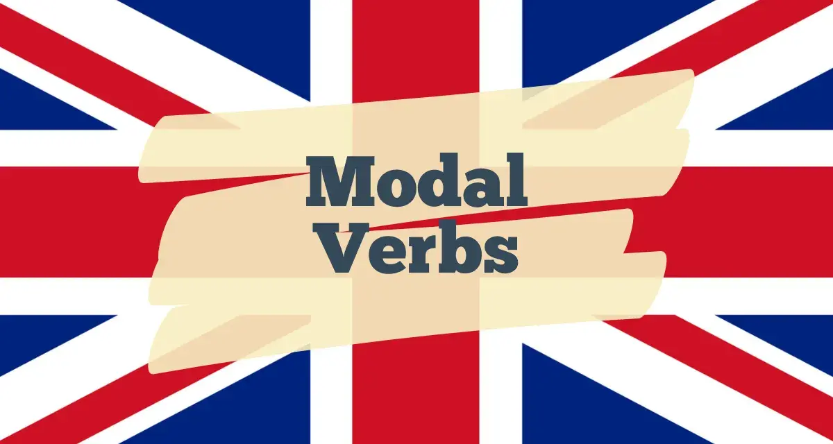 Die britische Flagge mit dem Text "Modal Verbs" auf einem hellgelben Band.