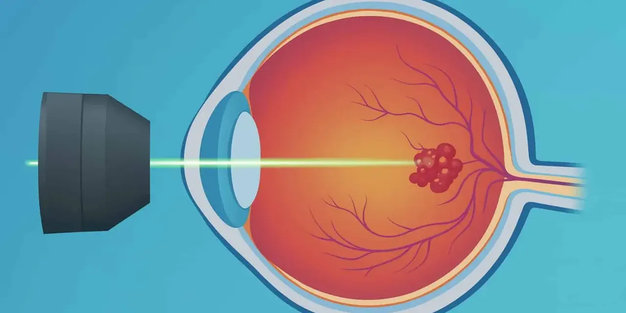 Trattamento con laser per il distacco della retina. Un raggio laser colpisce un'area danneggiata sulla retina.