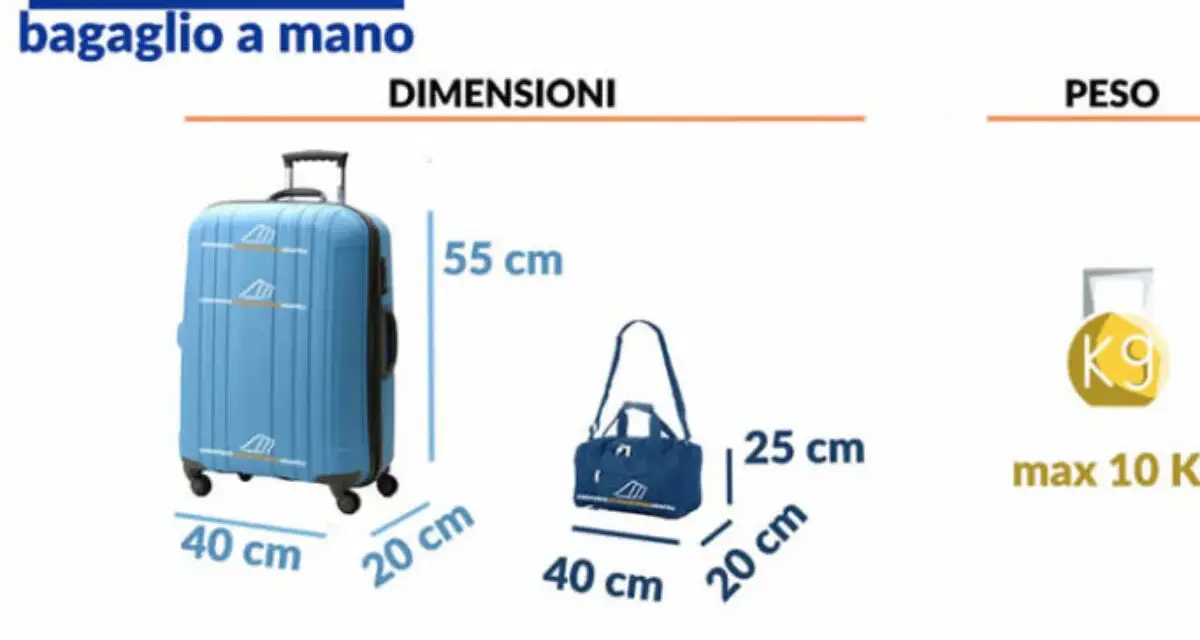 Ryanair hand luggage dimensions: blue trolley (55x40x20cm) and blue bag (40x25x20cm). Max weight 10kg.