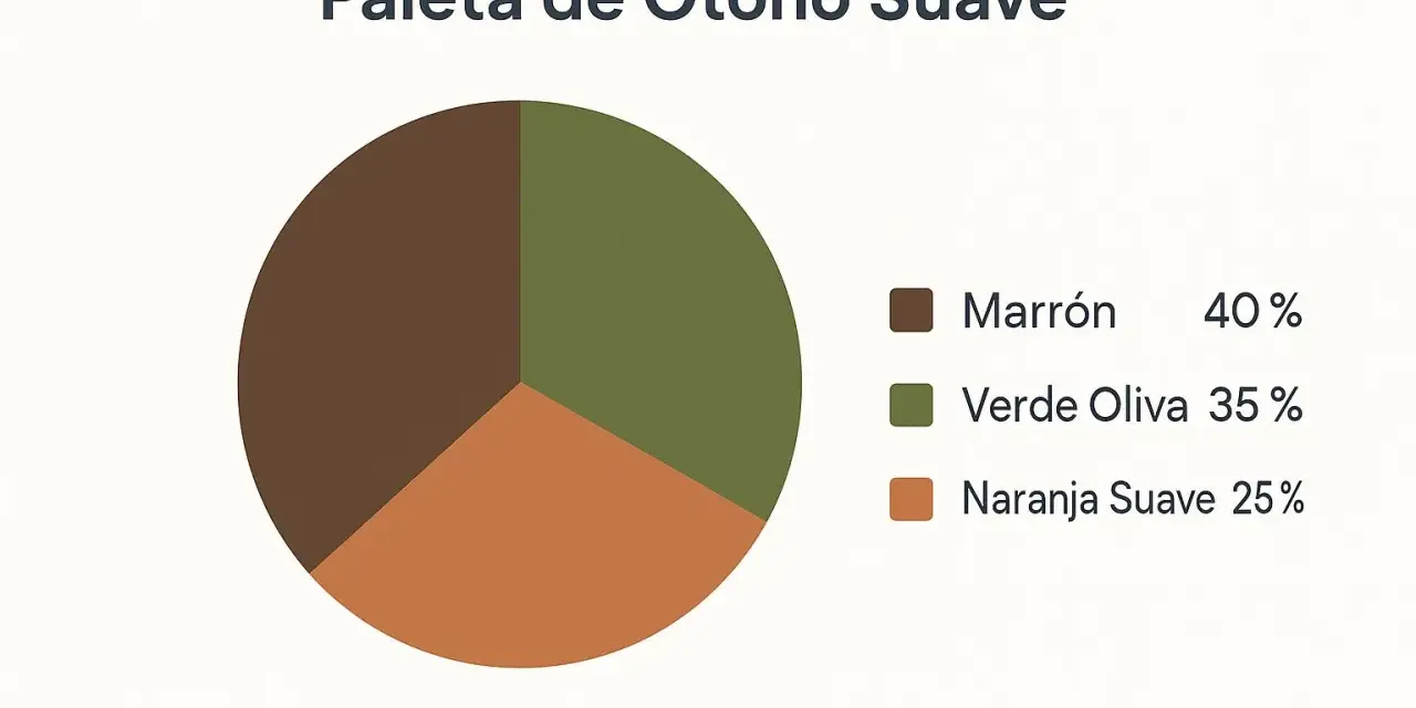Paleta de otoño suave: marrón (40%), verde oliva (35%) y naranja suave (25%). Una representación visual de la colorimetría de otoño.