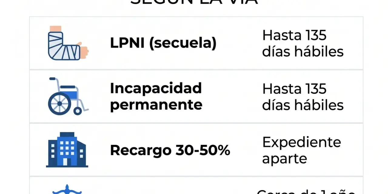 Tabla compara tiempos de cobro: LPNI (secuela) y incapacidad permanente hasta 135 días hábiles; recargo 30-50% en expediente aparte; daños y perjuicios cerca de 1 año si hay juicio.