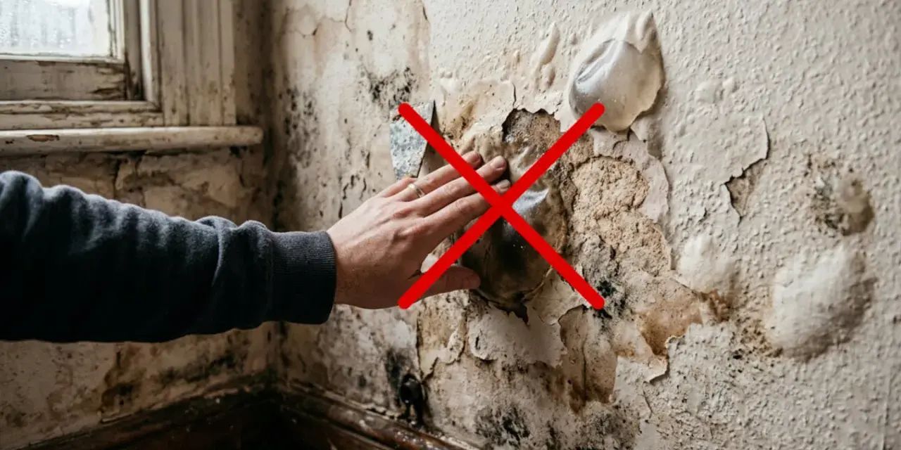 Mano tocando una pared bufada con moho y pintura descascarada. Una cruz roja indica que no se debe tocar.