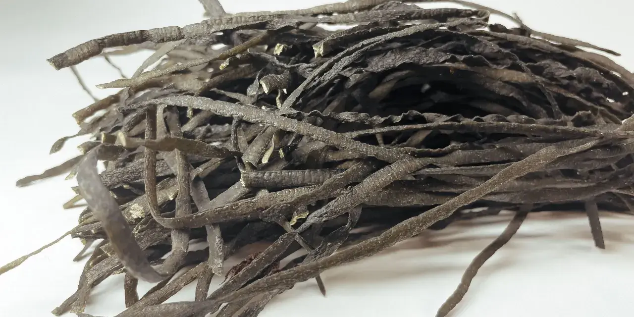 Un tas de spaghetti de mer séchés, ressemblant à des fils sombres et ondulés, prêts à être réhydratés pour un plat savoureux.