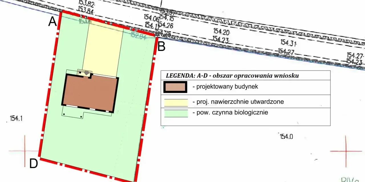 Fragment planu zagospodarowania przestrzennego: projektowany budynek, nawierzchnie utwardzone i powierzchnia biologicznie czynna.