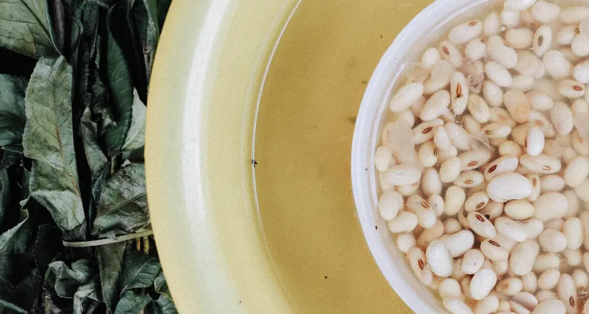 Alubias blancas remojándose en agua, junto a hojas verdes y un cuenco amarillo.