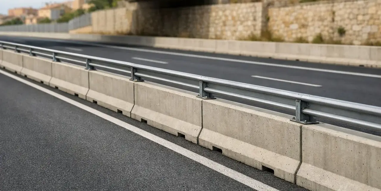 Barriera spartitraffico in cemento, conforme all'art. 175 CDS, con guardrail metallico su strada asfaltata.